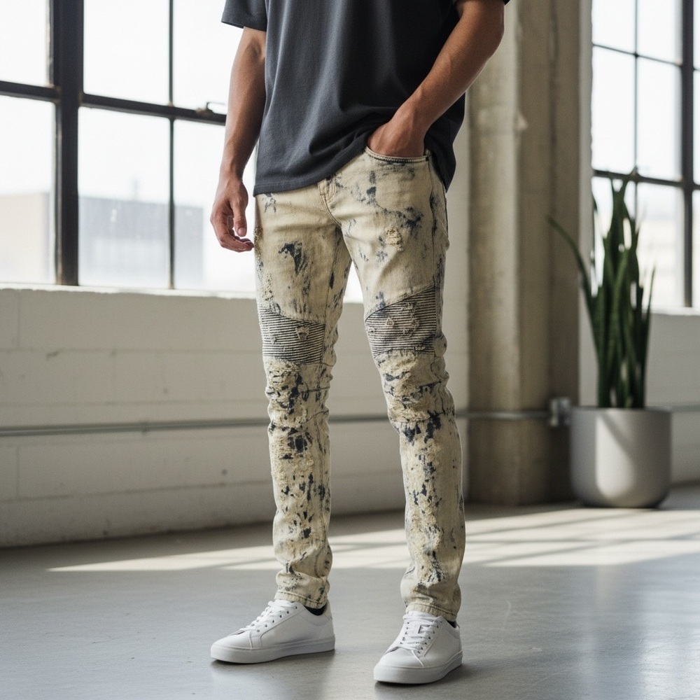 Crysp Men’s Moto Distressed Acid Wash Jeans